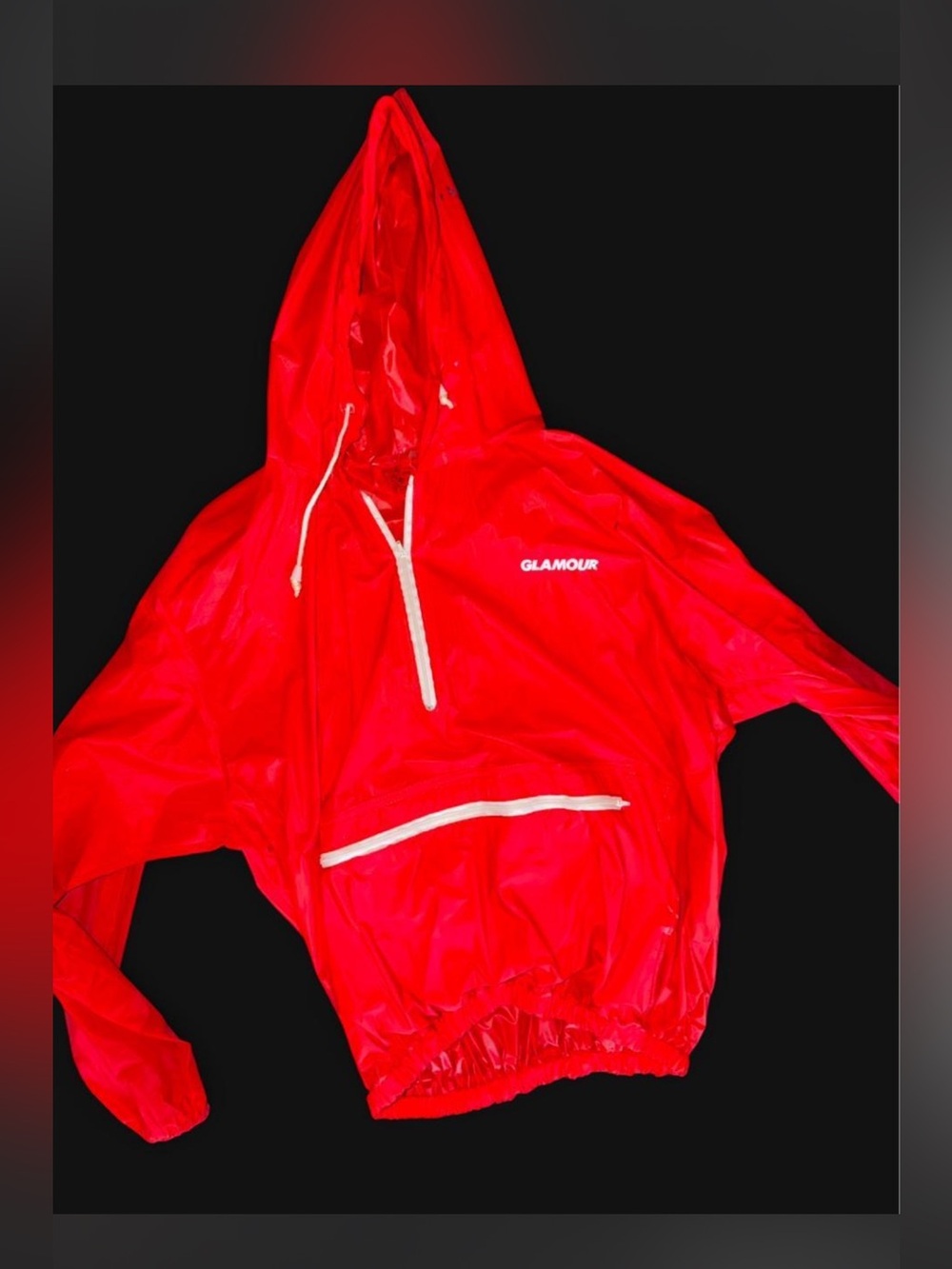 RARE vintage Glamour magazine Red Hooded PVC rain coat with pocket in front